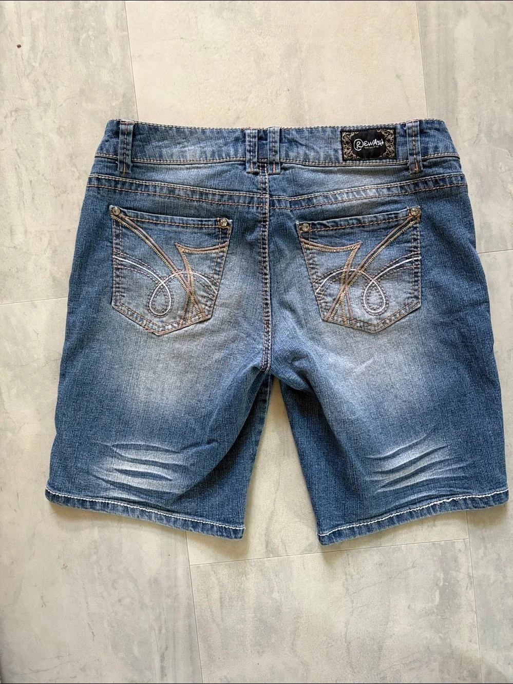 Rewash Blue Faded whiskered stretch Denim Bermuda Shorts/rhinestone studs decor
